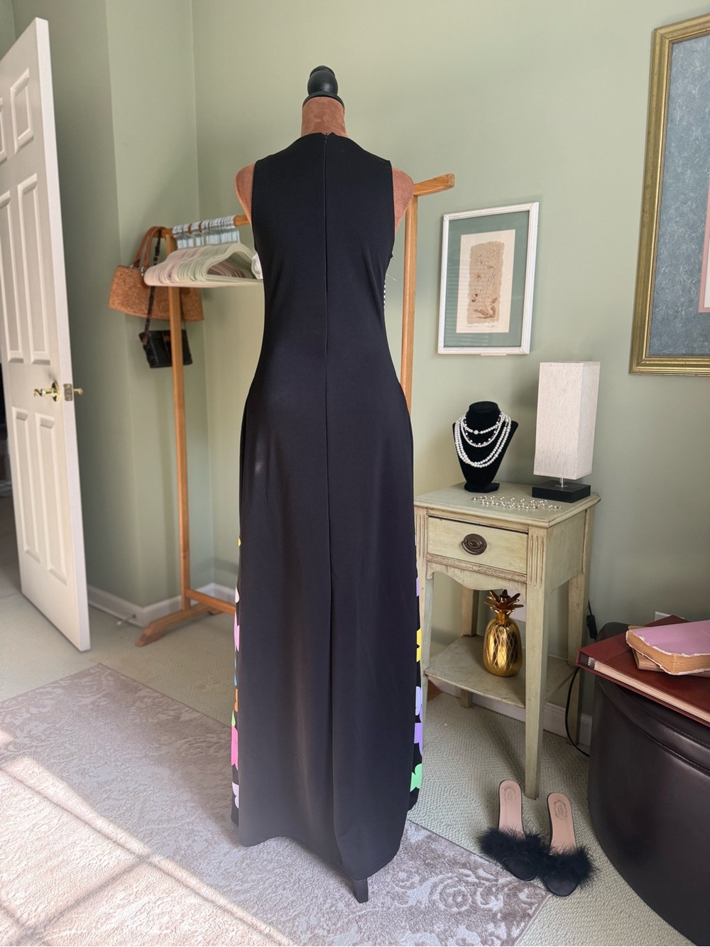 Sleeveless Black Maxi Dress with Bright Floral Appliqué - Picture 4 of 7
